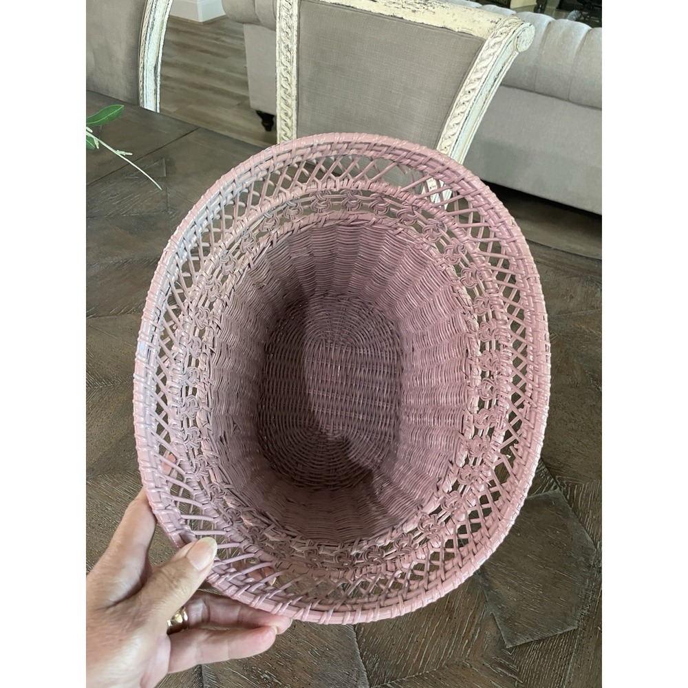 Vintage Pink Wicker Rattan Woven Waste Basket Trash Can Bin - Picture 7 of 11